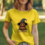 Single Side Halloween Printed - Yellow T-Shirt - Rounded Neck T-Shirt For Women