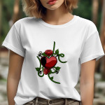 Single Side Rose Design Printed - White T-Shirt - Rounded Neck T-Shirt For Women