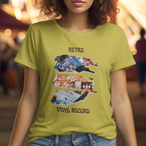 Single Side Retro Vinyl Record Design Printed - Yellow T-Shirt - Rounded Neck T-Shirt For Women