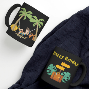 Black Printed Mug- Holiday Enjoying Beach Printed Mug