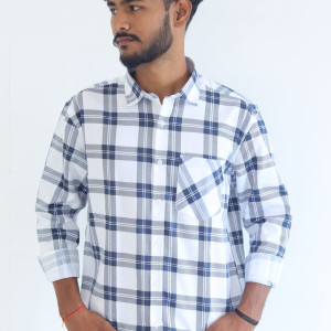 Men's Pure Cotton Regular Fit White with Blue Check Design Full Sleeve Shirt For Men