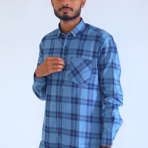 Men's Pure Cotton Regular Fit Light Blue with Dark Blue Check Design Full Sleeve Shirt For Men